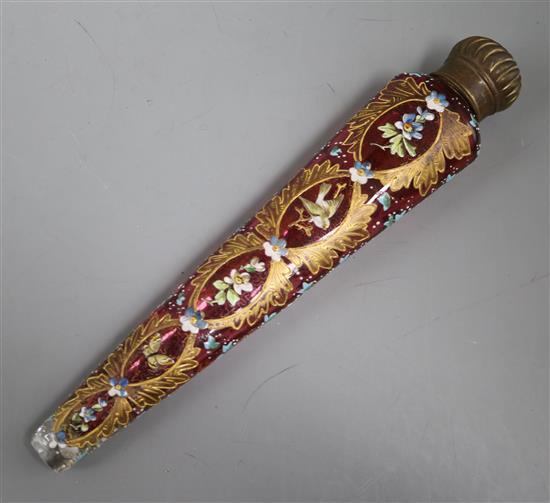 A Bohemian red tinted cylindrical tapering scent bottle, length 23cm